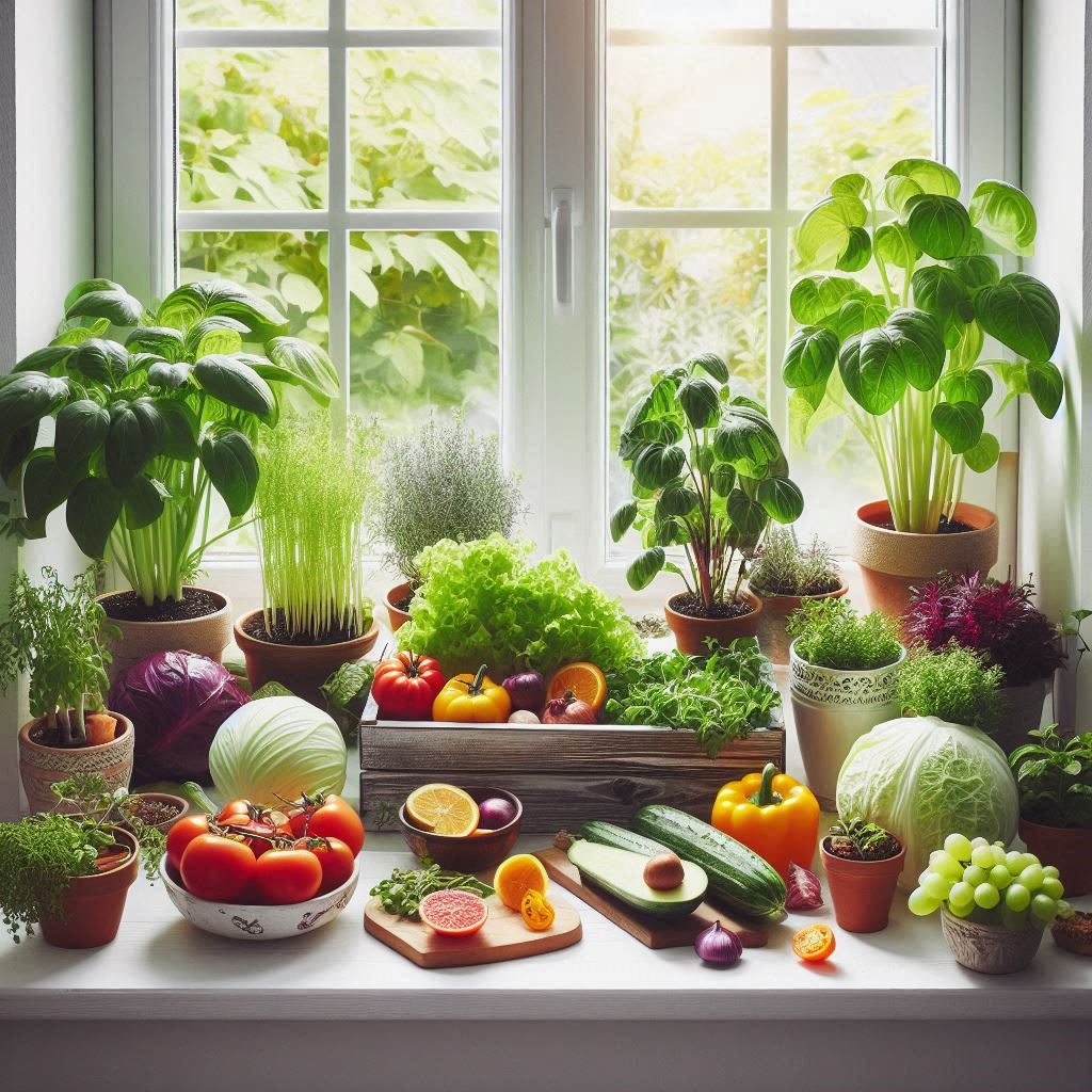 Foto van 'n vensterbank tuin met verskillende potplante en kruie, uitgesprei op die vensterbank en wat natuurlike lig vir groei gebruik.