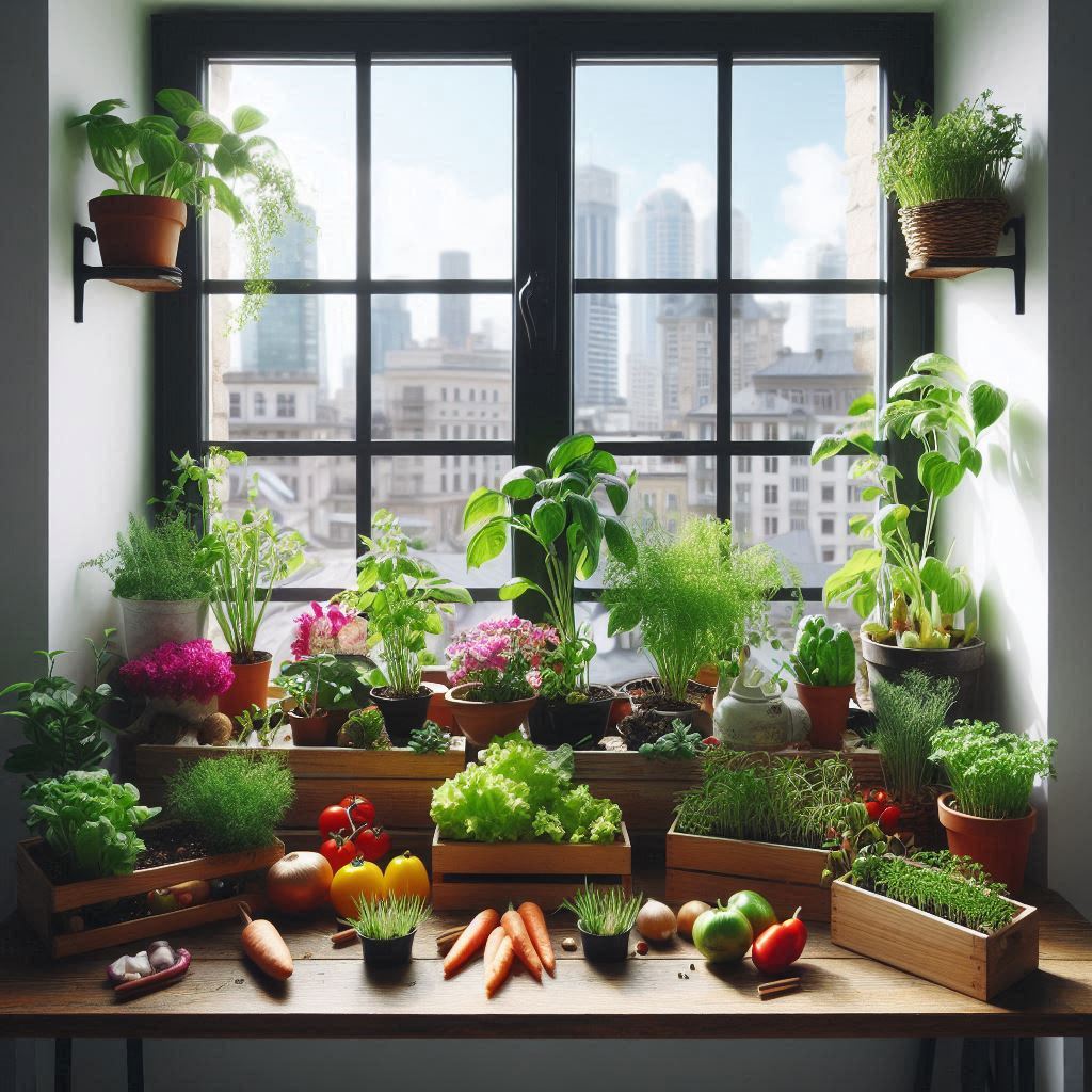 Beeld van 'n vensterbank met verskillende plante wat in houers op die vensterbank groei, wat 'n klein bedekte tuinopstelling demonstreer vir die verbouing van kruie en blomme.