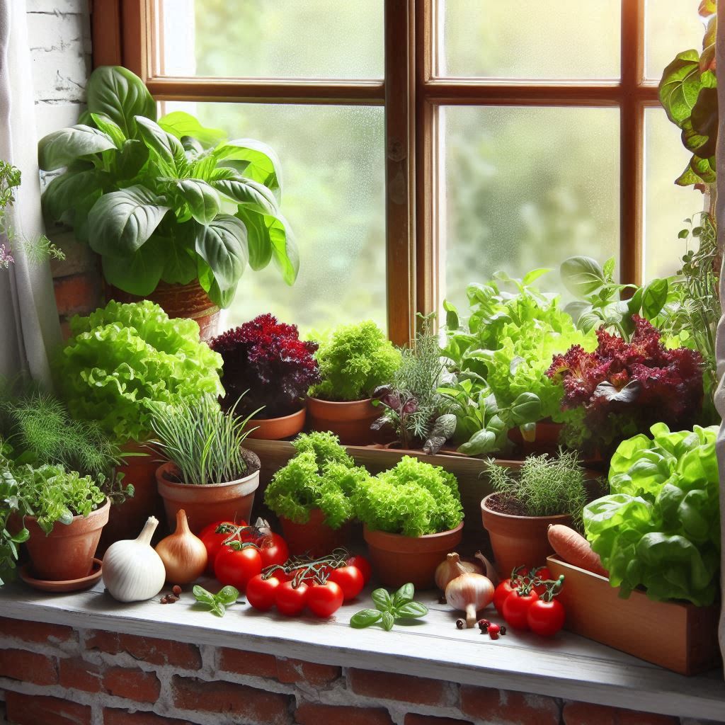 Image of a windowsill garden with various plants growing in small pots or containers