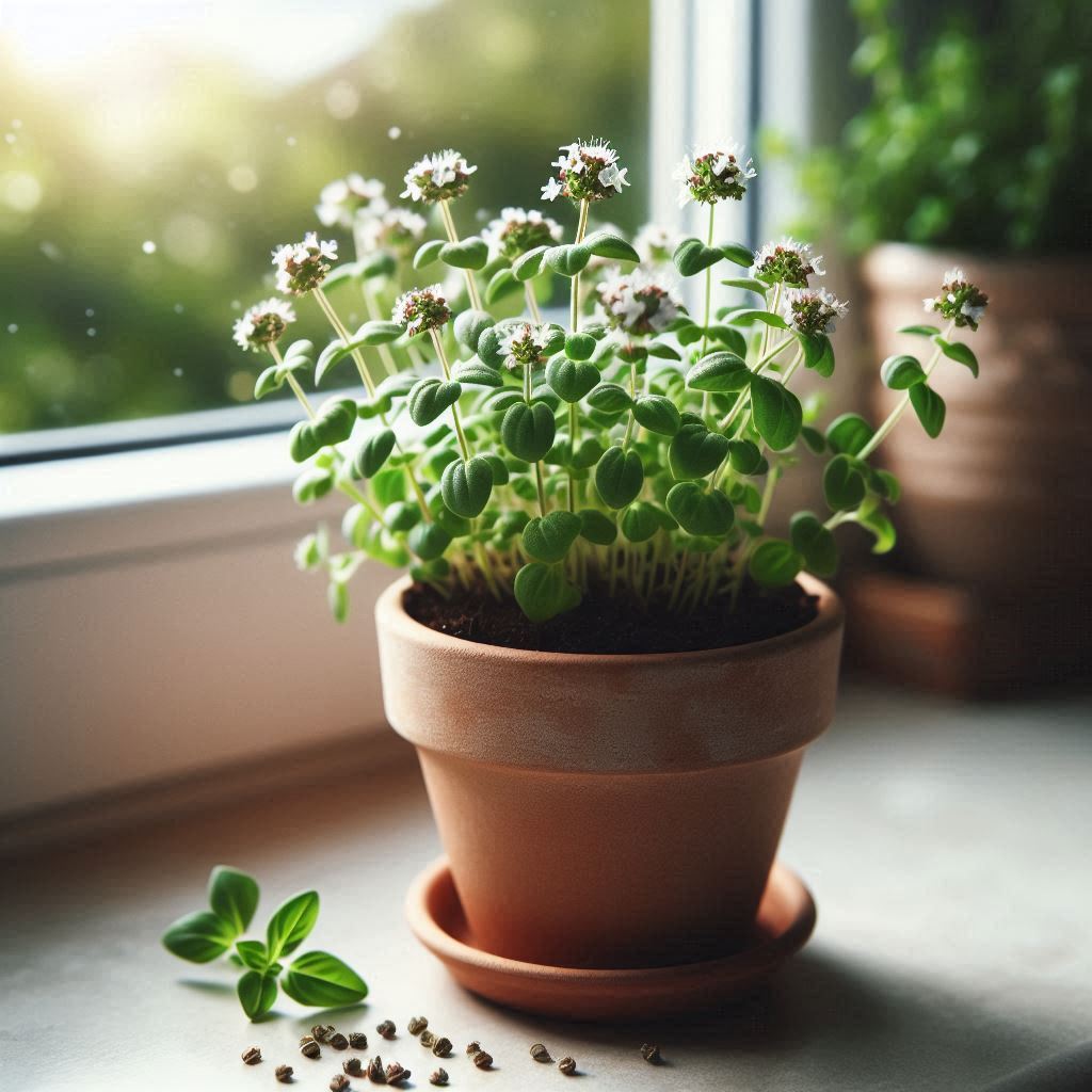 Imagen de una planta de orégano creciendo y floreciendo en una maceta, mostrando el proceso de floración del orégano después de ser cultivado desde semillas